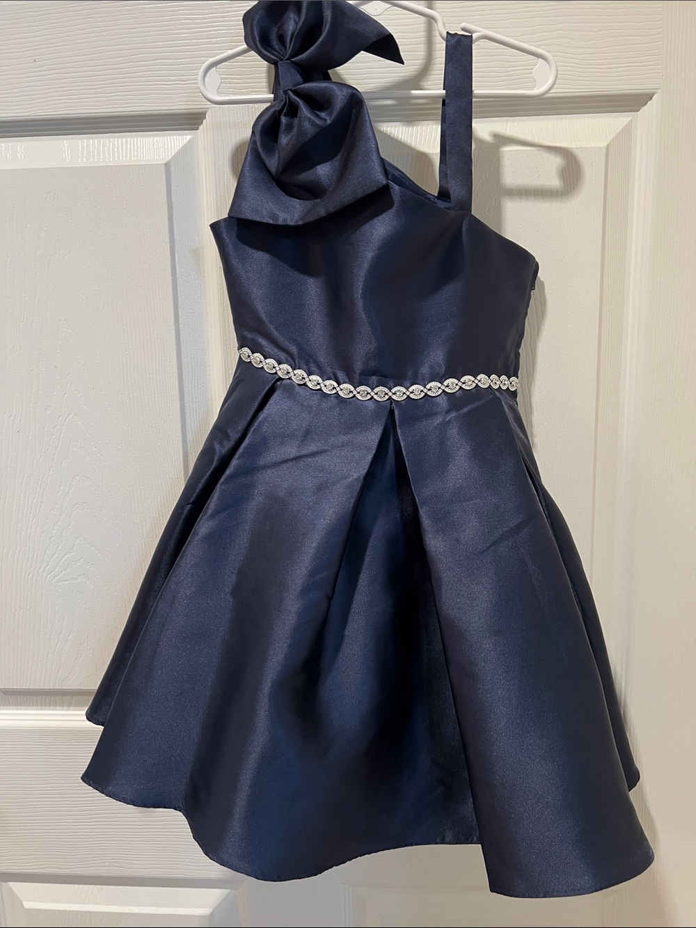 Rare Editions Navy Satin One-Shoulder Dress with Bow and Rhinestone Trim
